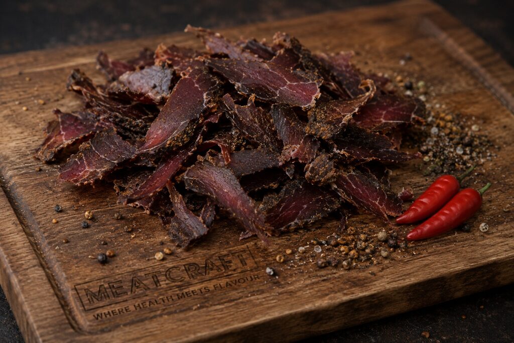 Handcrafted beef biltong slices by MeatCraft LTD on a wooden board with chilli peppers