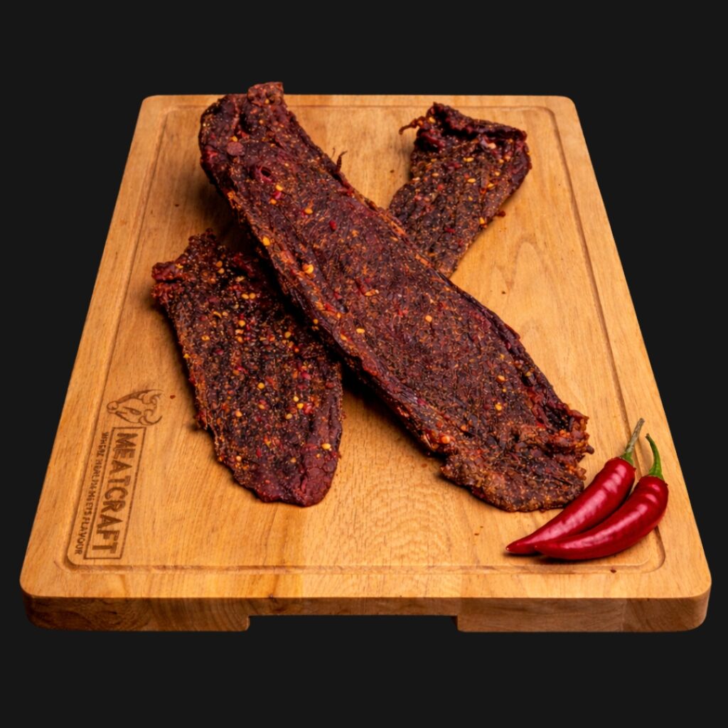 MeatCraft Chilli Whole Biltong unsliced beef pieces on a wooden board with red chillies