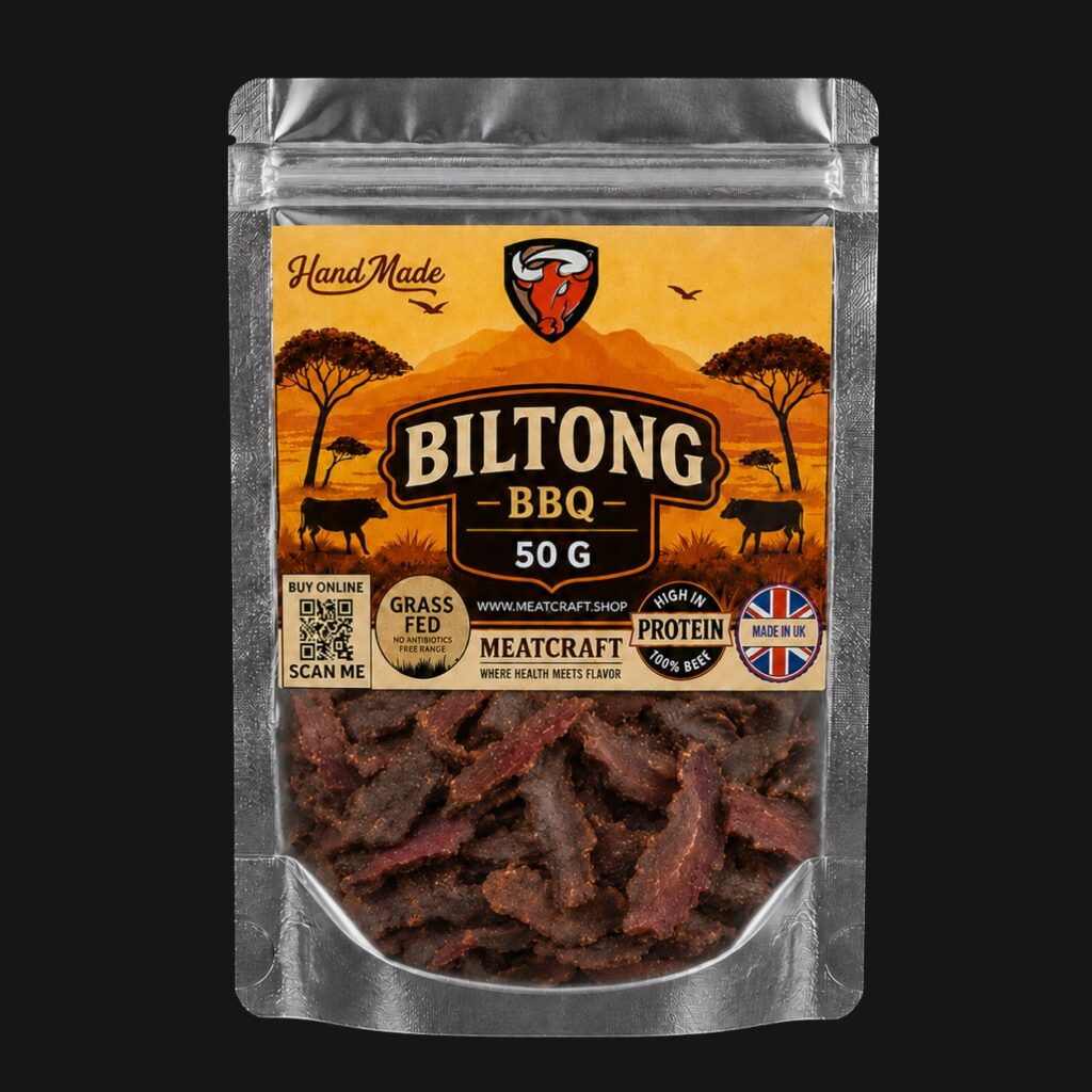 MeatCraft BBQ Biltong 50g pack with sliced beef visible