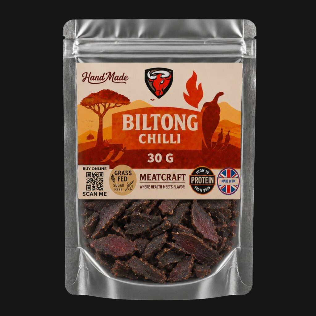MeatCraft Chilli Biltong 30g pack with sliced beef visible