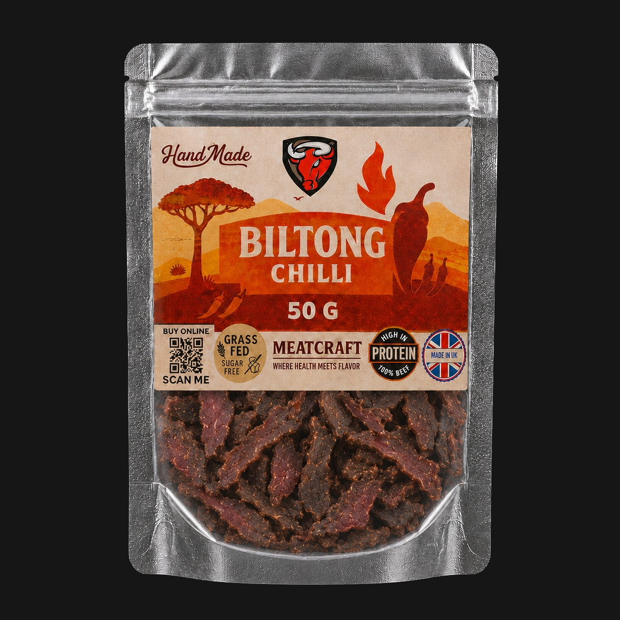 MeatCraft Chilli Beef Biltong 50g – handmade sugar-free high-protein dried beef snack