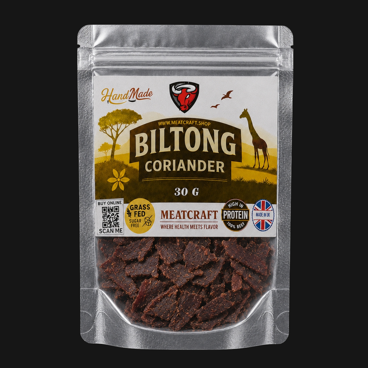 MeatCraft Coriander Biltong 30g pack with sliced beef visible