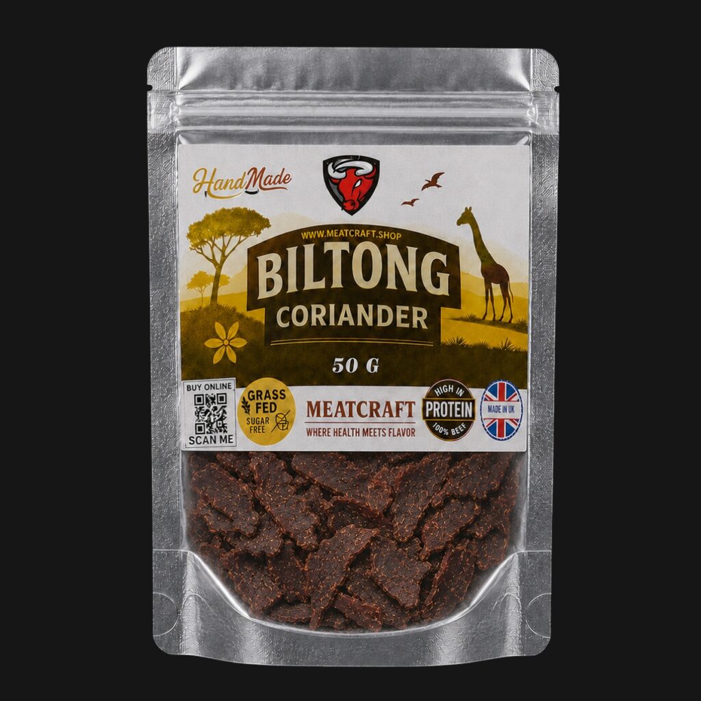 MeatCraft Coriander Biltong 50g pack with sliced beef visible