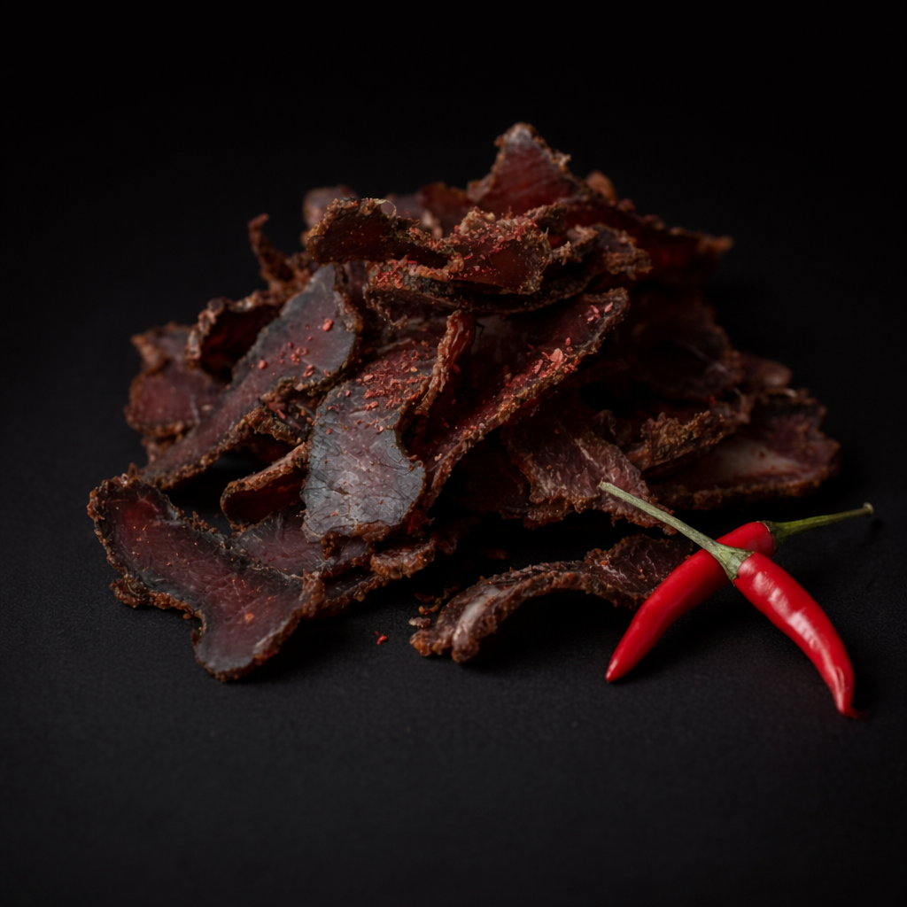 MeatCraft Chilli biltong slices with red chillies