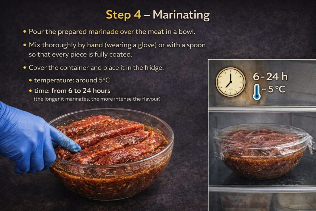 MeatCraft biltong marinating step showing beef strips in marinade before drying.