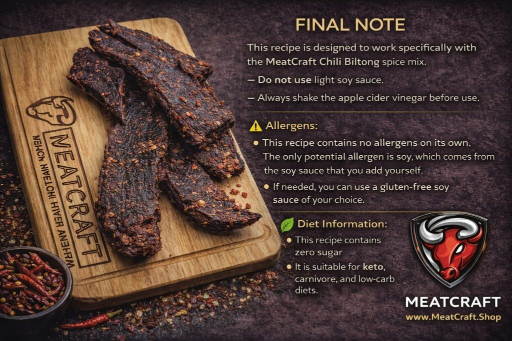 MeatCraft Chilli Biltong recipe final note with sliced biltong on a wooden board and diet information.