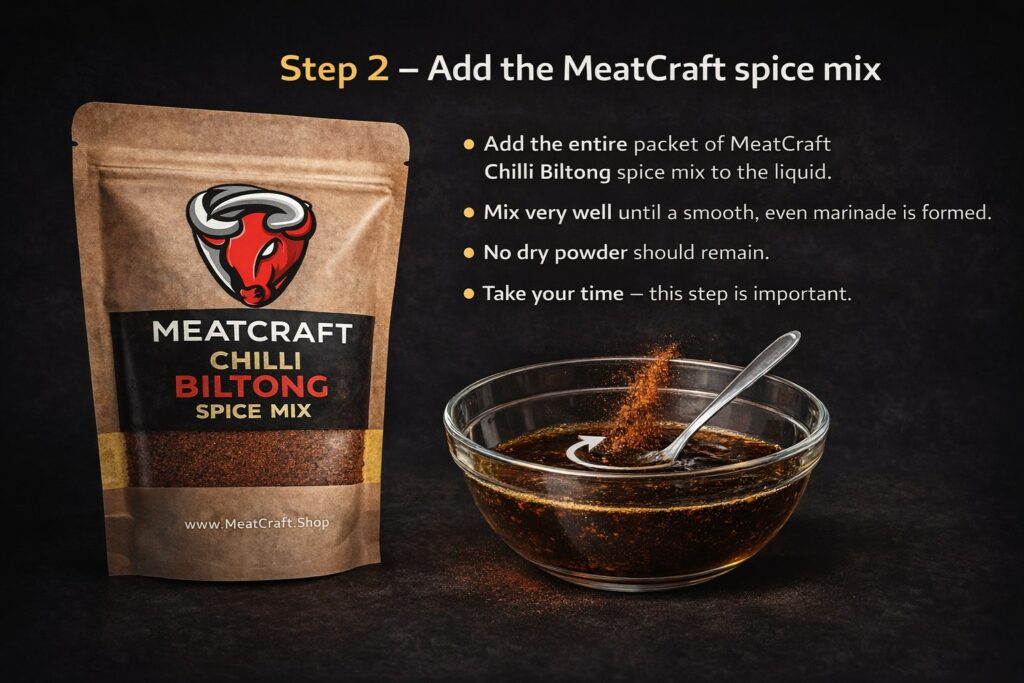 MeatCraft Chilli Biltong Spice Mix being added to marinade during homemade biltong preparation.