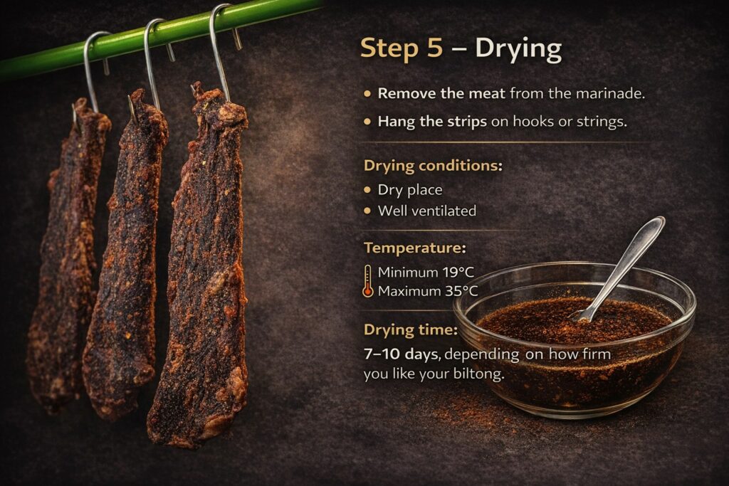 MeatCraft biltong drying step showing beef strips hanging on hooks with drying conditions and spice mix.