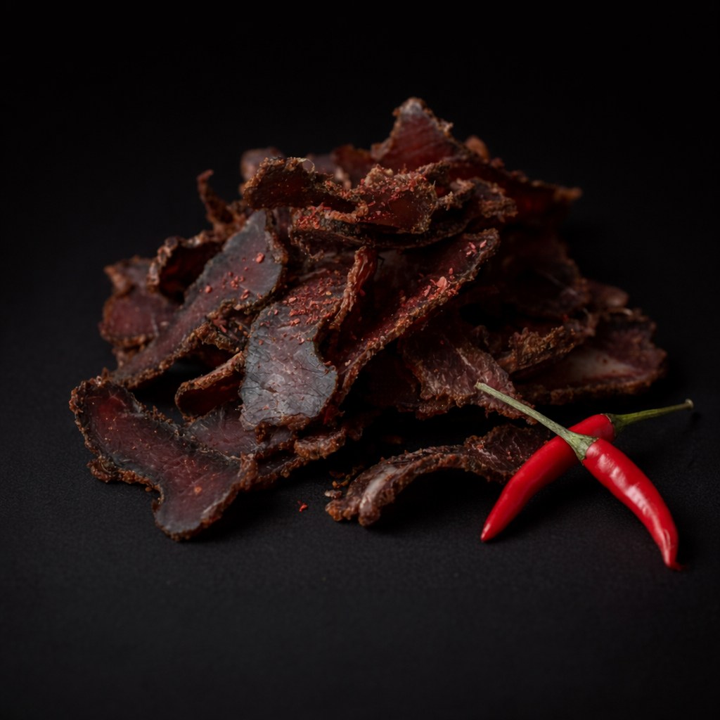 MeatCraft Chilli biltong slices with red chillies