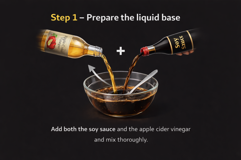 Soya sauce and apple cider vinegar being mixed for biltong