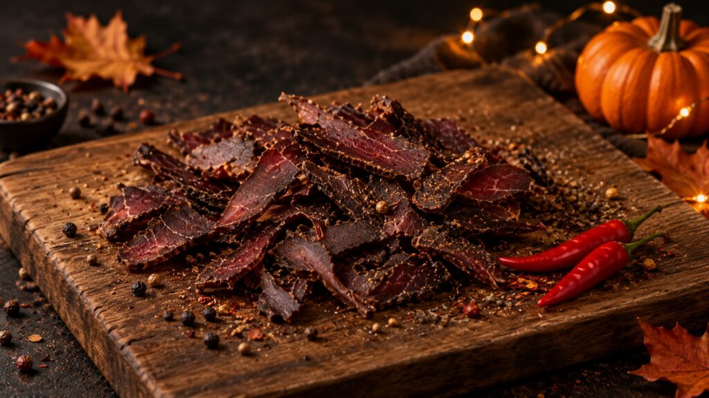 MeatCraft biltong with chilli peppers, pumpkin and autumn leaves.